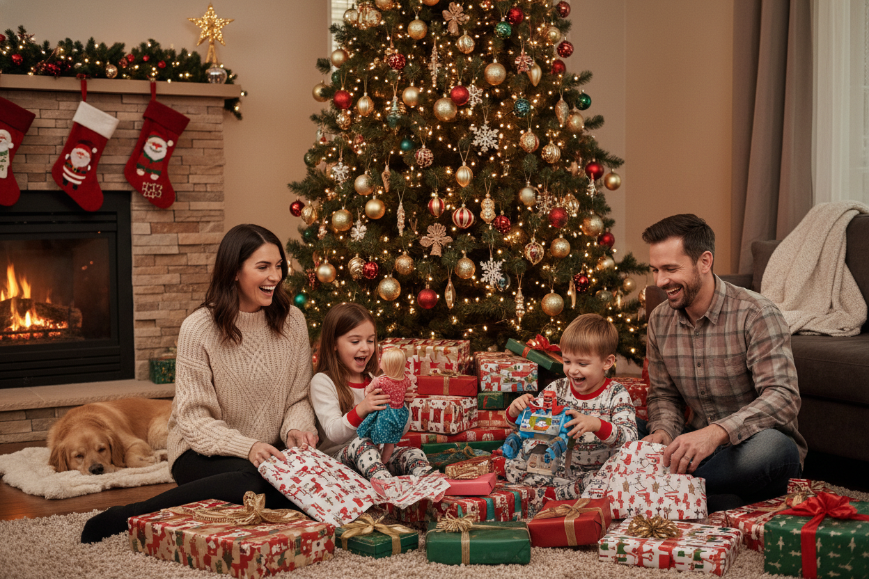 Generame una imagen de dos padres y dos hijos una niña y un niño bajo el arbol de navidad abriendo los regalos deben estar todos felices